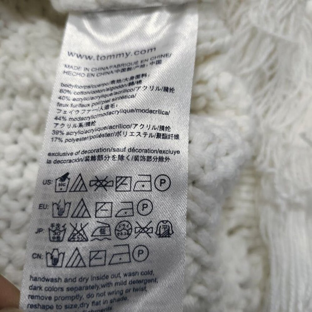 Tommy Hilfiger Cable Knit Poncho Sweater Faux Fur Trim Hooded Fringe Hem Onesize - Picture 12 of 16